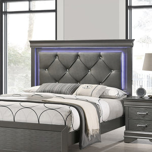 English Elm Dark Gray Tufted Headboard Queen Bed with LED Lights, Faux Leather Diamond Button Design, Elegant Retreat B011S01197