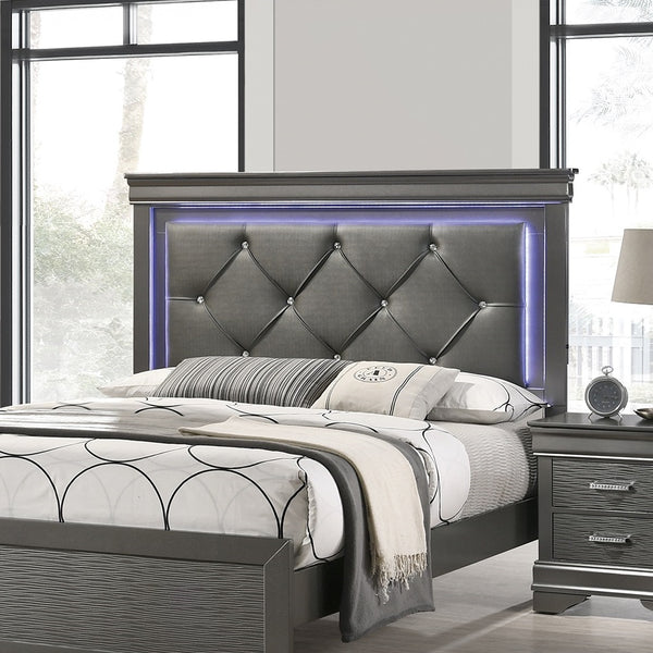 English Elm Dark Gray Tufted Headboard Queen Bed with LED Lights, Faux Leather Diamond Button Design, Elegant Retreat B011S01197