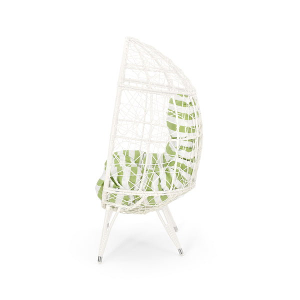 English Elm Christopher Knight Home® - GIANNI Teardrop Wicker Outdoor Chair with Water-Resistant Cushion, Handcrafted Faux Rattan Iron Frame Comfort White+Green 65645.00WGRN