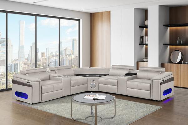 English Elm Nova Tech Sectional with Led Bar Bluetooth Speakers Power Recliners and Freezer Console Gray B009S02168