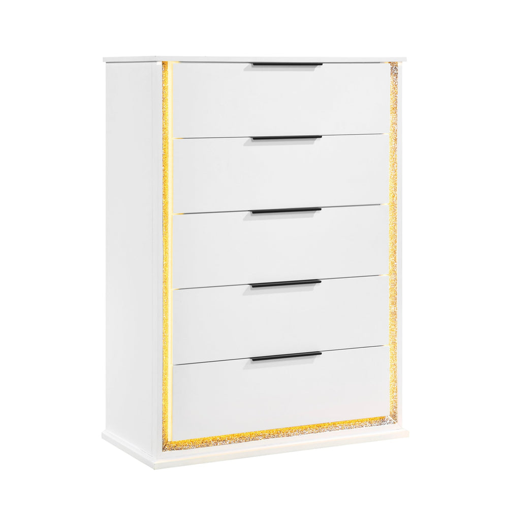 English Elm Contemporary Glam White Vertical Dresser with Led Lighting and Silver Trim for Bedroom B011P458601