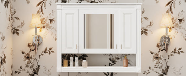 English Elm 35inch White Wall Mounted Medicine Cabinet Mirrored Doors Open Shelving Bathroom Storage N710P415335K