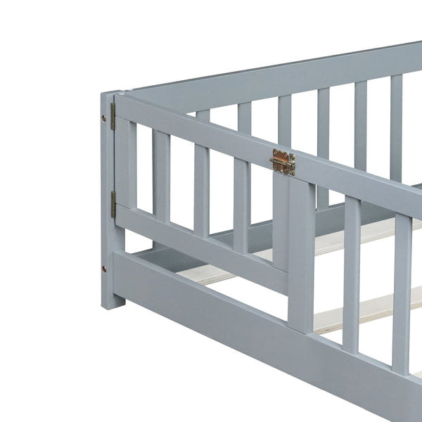 English Elm Queen Floor Bed with Safety Fence and Guardrails, Rubberwood Low Profile Platform for Kids Grey W504P286386