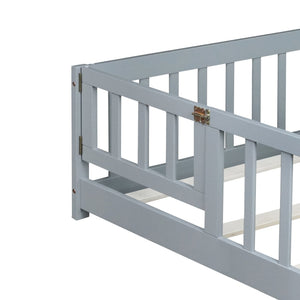 English Elm Queen Rubber Wood Floor Bed with Full Perimeter Safety Fence and Hinged Access Door Grey W504P429339