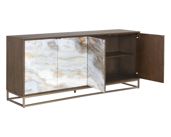 Sunpan Fuentes Sideboard - Luxurious Brown Oak Storage with Mother of Pearl Style & Soft Close Doors