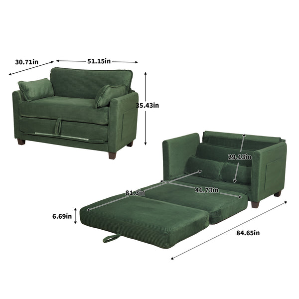 English Elm 2-in-1 Corduroy Loveseat Sleeper with Storage Converts for Living Room or Studio Dark Green W2715P409863