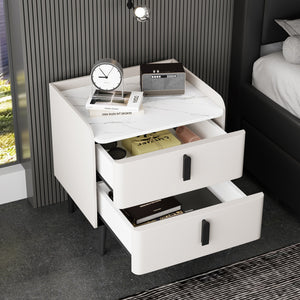 English Elm Nightstand with Marble-Pattern Top and Raised Guard, 2 Drawers for Organized Stylish Bedroom Decor White 23.4 L x 18.5 W x 9.06 H N733P332142K