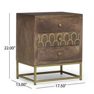 English Elm Christopher Knight Home® - NIGHT Mango Wood Nightstand Walnut with Gold Iron Legs, 3 Drawers, Mid-Century Modern Storage 68570.00