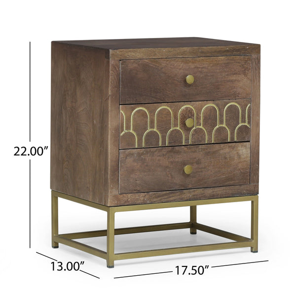 English Elm Christopher Knight Home® - NIGHT Mango Wood Nightstand Walnut with Gold Iron Legs, 3 Drawers, Mid-Century Modern Storage 68570.00