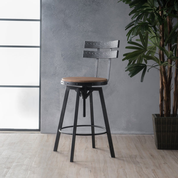 English Elm Christopher Knight Home® - METAL Barstool with Fir Wood Seat and Antique Black Brush Silver Frame, Rustic Chic Adjustable 45.5" 59331.00