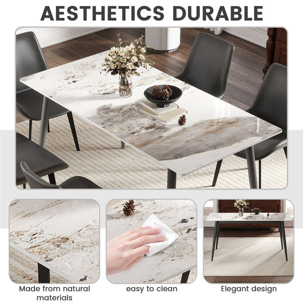 English Elm 62.99" Modern Artificial Stone Dining Table With Black Metal Legs - Seats 6 For Stylish Gatherings W1535S00496