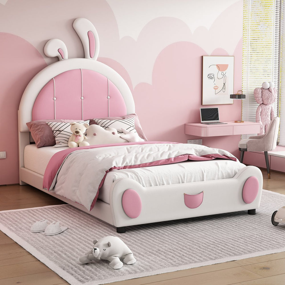 English Elm Twin Upholstered Platform Bed with Ribbit Headboard, White Pink Ears, Low-Profile Modern Frame, Cute WF323763AAK