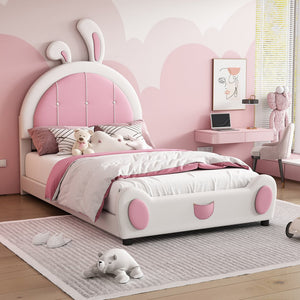 English Elm Twin Upholstered Platform Bed with Ribbit Headboard, White Pink Ears, Low-Profile Modern Frame, Cute WF323763AAK