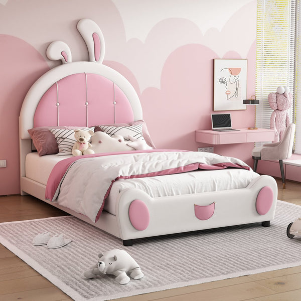 English Elm Twin Upholstered Platform Bed with Ribbit Headboard, White Pink Ears, Low-Profile Modern Frame, Cute WF323763AAK