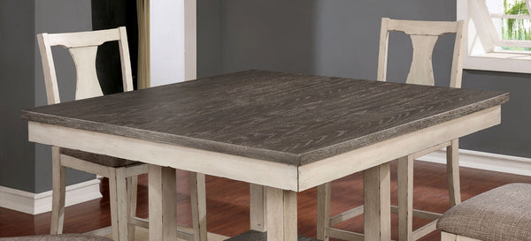 English Elm Dining Rustic Country Counter Height 5pc Dining Set with Plank Table, Open Shelf & Padded Chairs Antique White+Gray,Gray 45 L x 45 W x 21 H B2741P301879