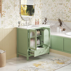 English Elm 36" Green Bathroom Vanity with Waffle Texture Doors, 4 Drawers, Glass Panels, Soft-Closing, Modern Storage N710P280025C