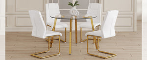 English Elm Table Set - Modern Minimalist Round Clear Glass Table With White High-Back Chairs & Gold Legs W1151S01718-GIGA