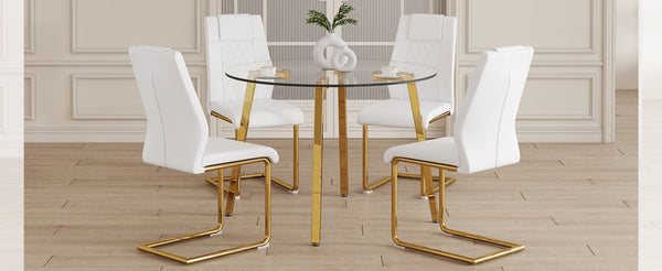 English Elm Table Set - Modern Minimalist Round Clear Glass Table With White High-Back Chairs & Gold Legs W1151S01718-GIGA