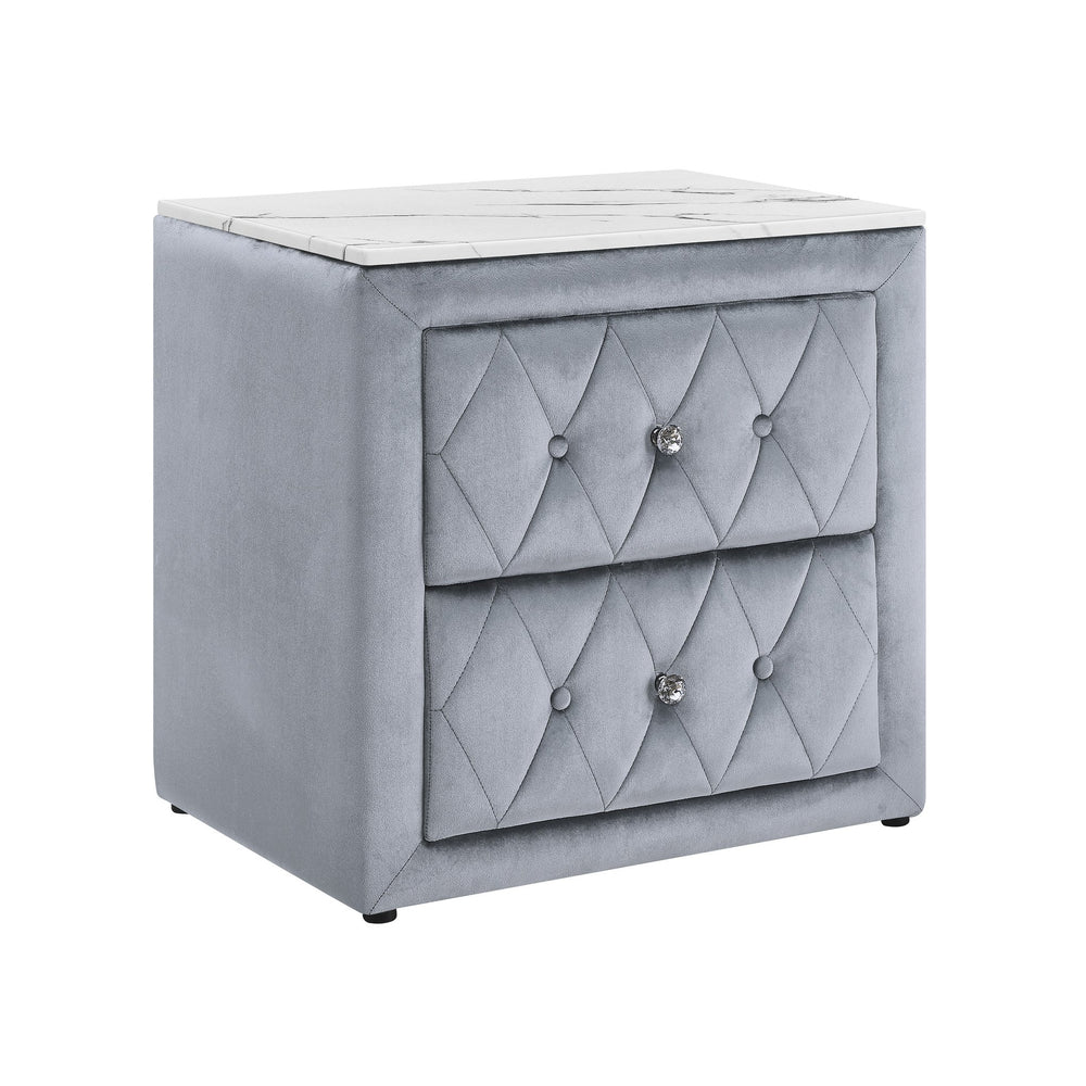 English Elm 1pc Velvet Tufted Nightstand with Faux Marble Top, Crystal Knobs and Two Drawers for Luxe Bedroom Gray 28.03 L x 20.28 W x 27.17 H B2741P321093