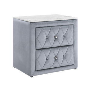 English Elm 1pc Velvet Tufted Nightstand with Faux Marble Top, Crystal Knobs and Two Drawers for Luxe Bedroom Gray 28.03 L x 20.28 W x 27.17 H B2741P321093