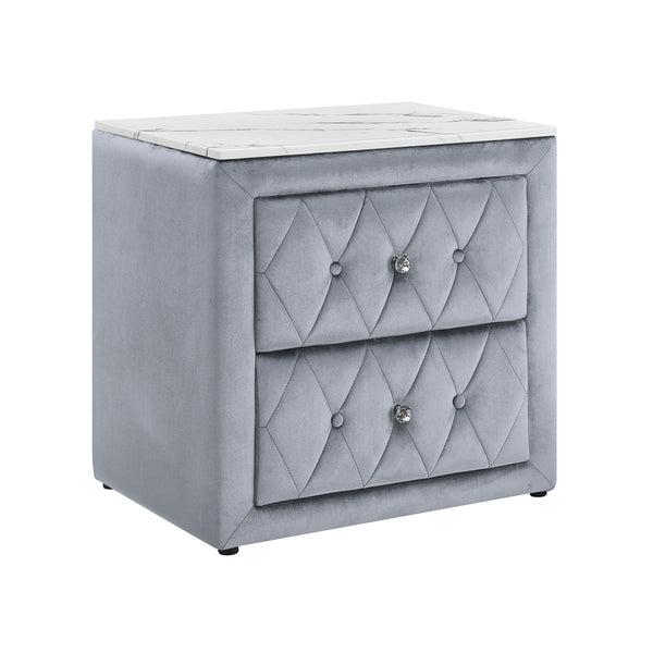 English Elm 1pc Velvet Tufted Nightstand with Faux Marble Top, Crystal Knobs and Two Drawers for Luxe Bedroom Gray 28.03 L x 20.28 W x 27.17 H B2741P321093