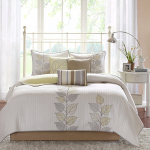 JLA Home Madison Park - 6 Piece Embroidered Quilt Set Reversible Yellow-White Leaf Motif with 3 Throw Pillows, Soft Cozy Care MP13-776