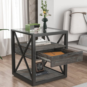 English Elm 1 Modern End Table With Drawer - Industrial Rustic Wood & Glass Nightstand, Compact Storage Solution W241P246916