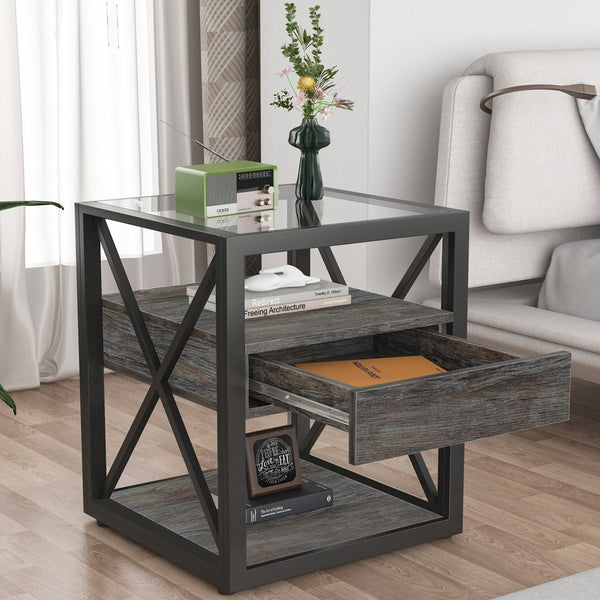 English Elm 1 Modern End Table With Drawer - Industrial Rustic Wood & Glass Nightstand, Compact Storage Solution W241P246916