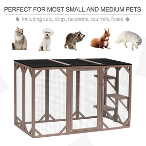English Elm Pawhut Wooden Outdoor Catio Enclosure with Mesh Walls Climbing Platforms Asphalt Roof W2225P173771