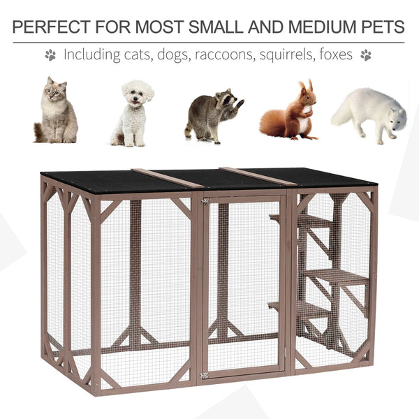 English Elm Pawhut Wooden Outdoor Catio Enclosure with Mesh Walls Climbing Platforms Asphalt Roof W2225P173771