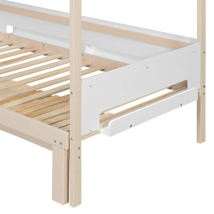 English Elm House-shaped Pine Bunk Bed with Built-in Slide Storage Staircase Twin Over Full Kids Frame Beige+White N820S00082A