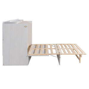 English Elm Queen Murphy Wall Bed with Rattan Panel Cabinet and Storage Drawers for Studio Rooms White LP000676AAK