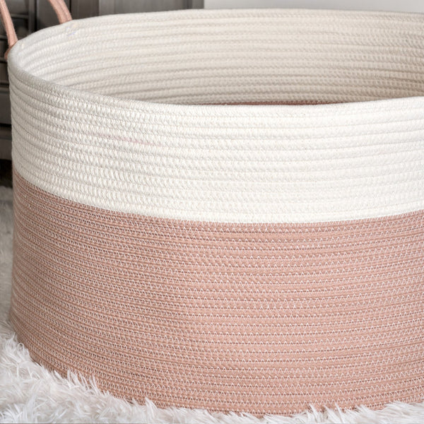 English Elm Cotton Round Laundry & Storage Basket with Sturdy Handles 21.7"x13" Spacious Neutral Two-Tone Design Brown+White B093P295062