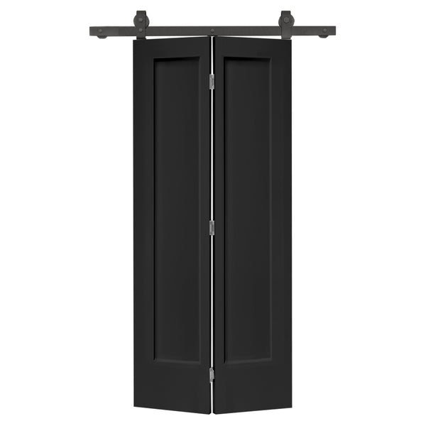English Elm 24 in Primed Mdf Bi-fold Barn Door with Raised 6-panel Profile and Sliding Hardware Black B2763P491018