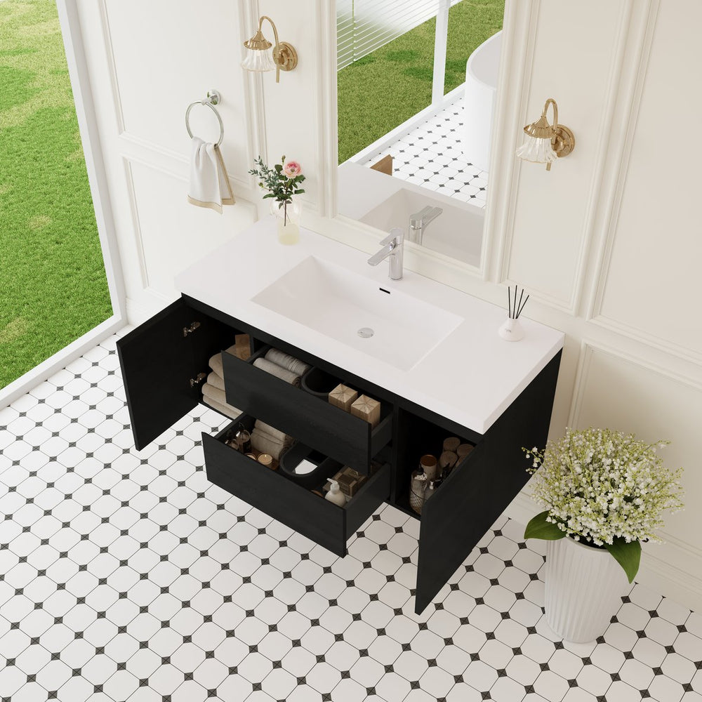 English Elm 48" Floating Bathroom Vanity Espresso Wood Stone Resin Sink Soft Close Storage Espresso+White W1573P388439