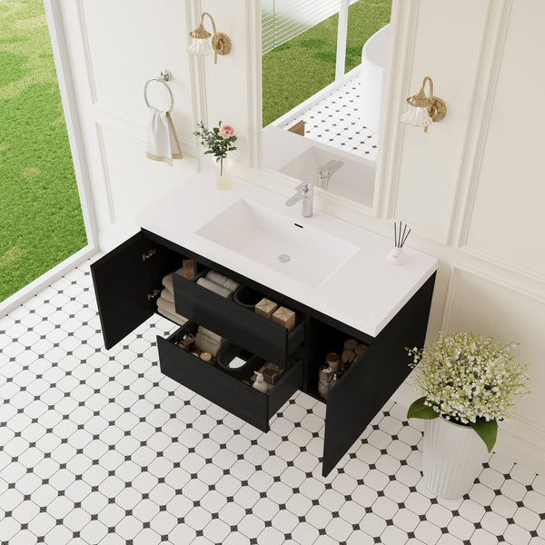 English Elm 48" Floating Bathroom Vanity Espresso Wood Stone Resin Sink Soft Close Storage Espresso+White W1573P388439
