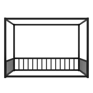 English Elm Full Black Iron Sunshade Floor Bed with Fence-Style Guardrails, Modern Low-Profile Double Frame W1858P282500