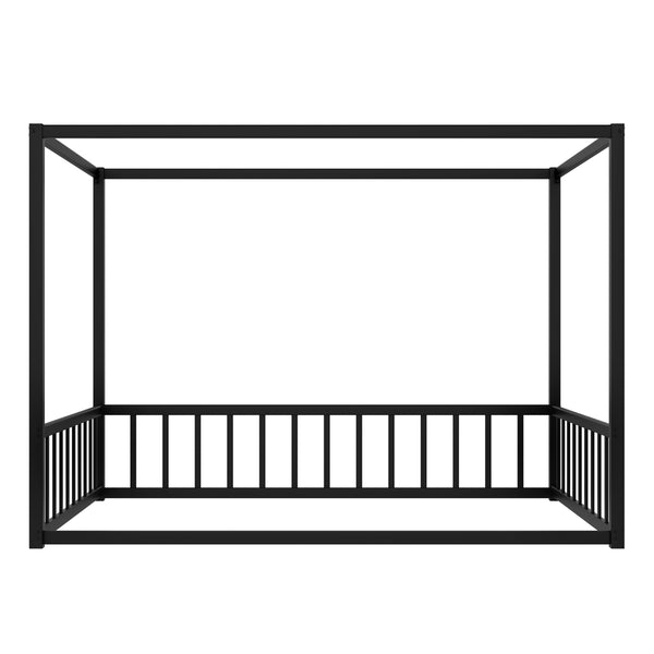 English Elm Full Black Iron Sunshade Floor Bed with Fence-Style Guardrails, Modern Low-Profile Double Frame W1858P282500
