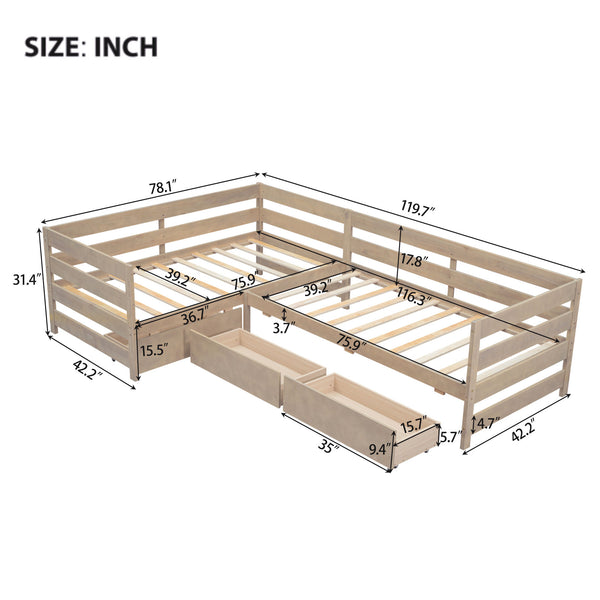 English Elm Twin L-Shaped Platform Bed with Three Spacious Drawers, Solid Pine & MDF, Clean-Lined Design Natural N7090000468N