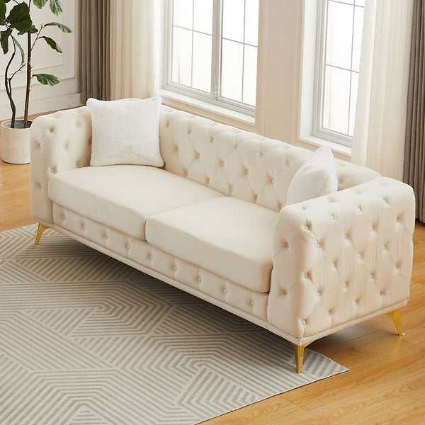 English Elm Fx Chesterfield Velvet Sofa with Diamond Tufting Polished Legs and Accent Pillows Beige W1926S00080