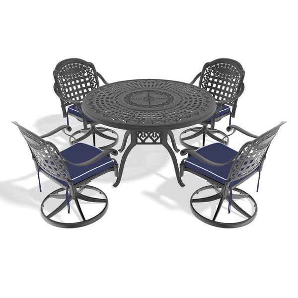 English Elm 5-Piece All-Weather Cast Aluminum Dining Set With 4 Swivel Chairs & Umbrella-Ready Round Table W1710S00448