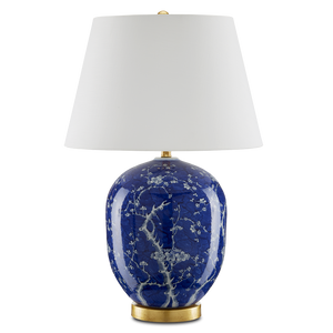 Sakura Elegant Blue and White Table Lamp with Gold Leaf Base - Traditional Cherry Blossom Design