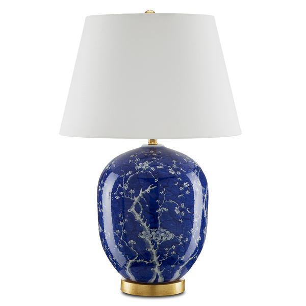 Sakura Elegant Blue and White Table Lamp with Gold Leaf Base - Traditional Cherry Blossom Design