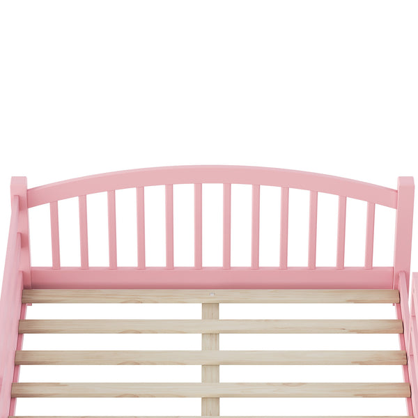 English Elm Full Montessori Pine Wood Floor Bed with Safety Rails Low Profile Kids Room Frame Pink N733P400299H
