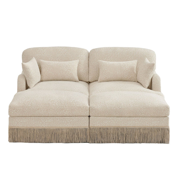 English Elm Comfy Chenille Leopard Print Loveseat with Tassel Trim and Movable Ottoman Modules Beige W5656S00003