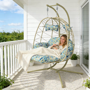 English Elm 2 Person Wicker Hanging Egg Chair with Stand Padded Cushions Patio Swing Seat T5880P500219