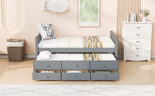 English Elm Daybed Twin Frame with Pull Out Trundle and Three Storage Drawers for Kids Rooms Gray LP100241AAE