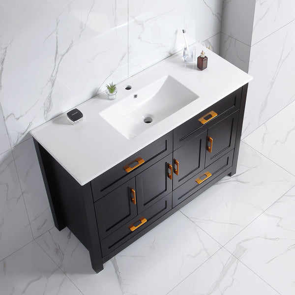 English Elm 48" Matte Black Bathroom Vanity with Ceramic Basin 8 Soft Close Storage Doors Drawers W3133S00004