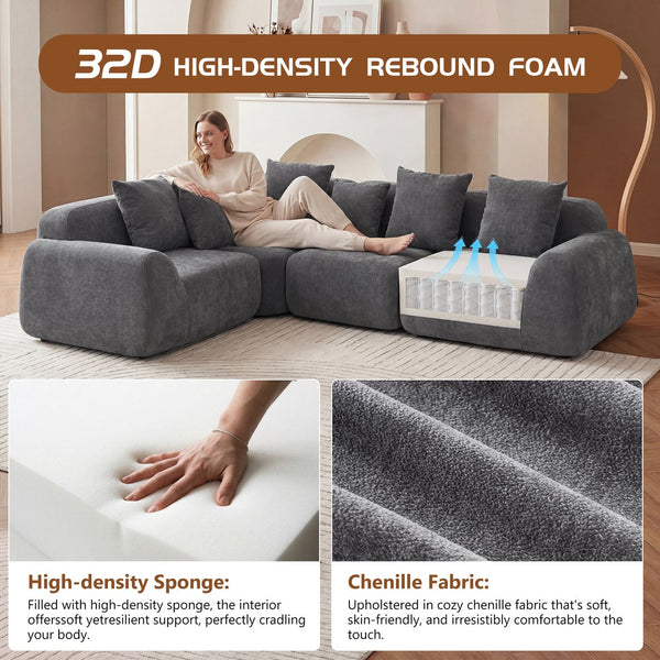 English Elm Oversized Velvet Cloud Sectional with Memory Foam Cushioning and L-shape Chaise Lounge Grey W3728S00014