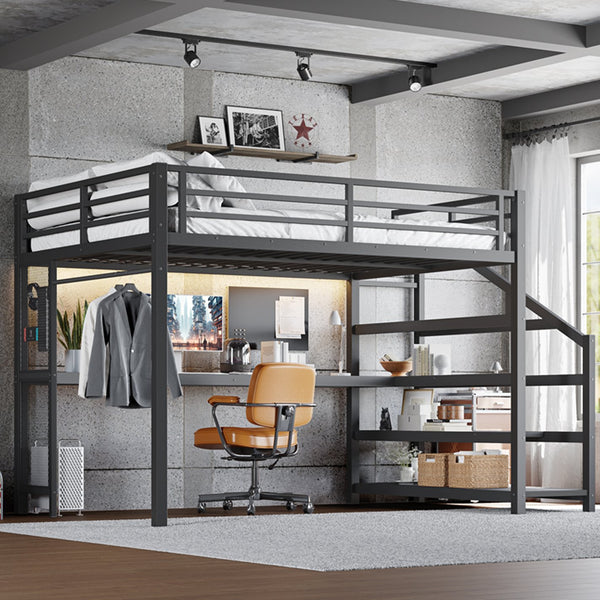 English Elm Twin Xl Metal Loft Bed with Stair Storage Shelves Sturdy Steel Frame for Dorms W1580S00434
